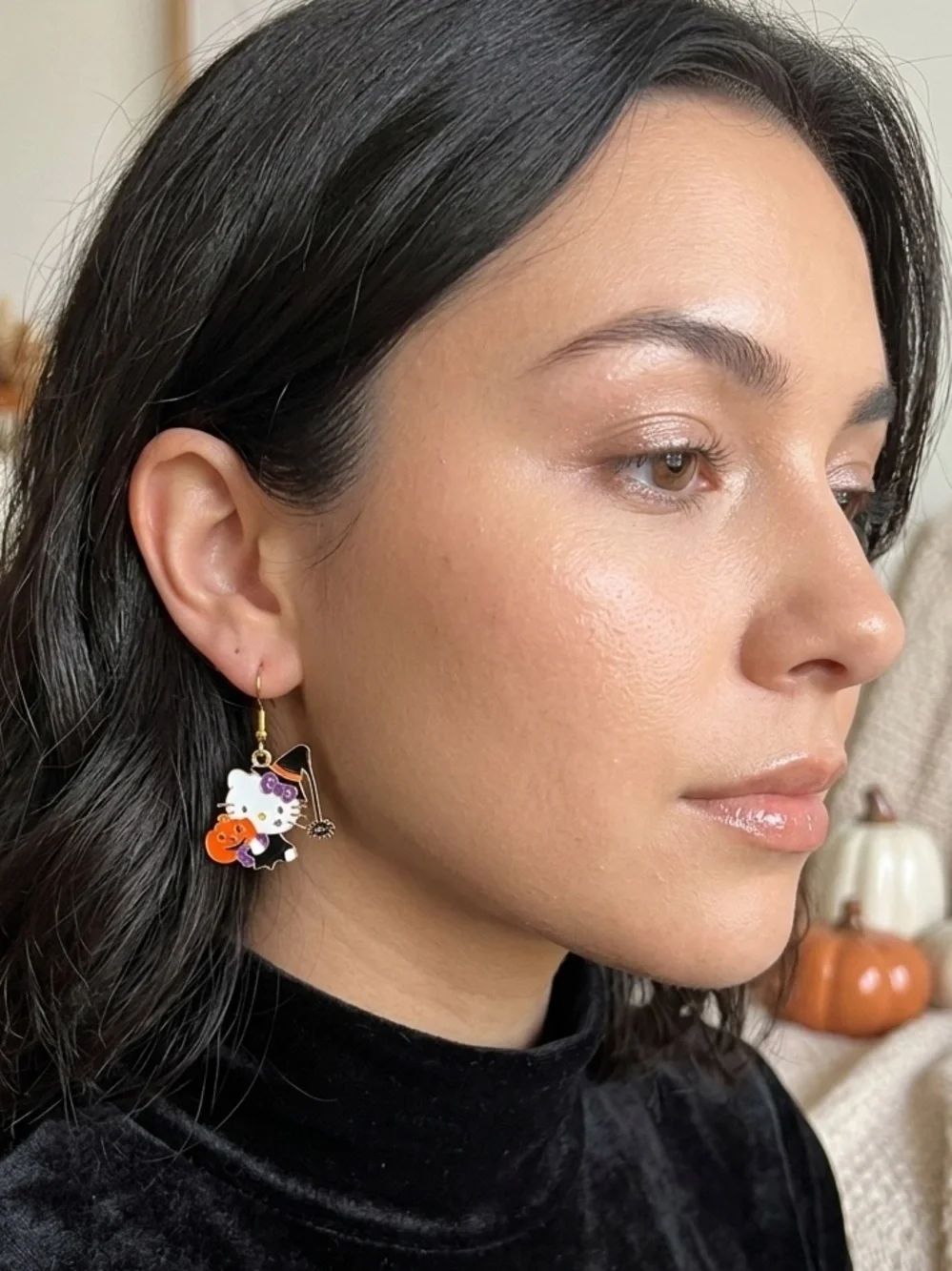 Hello Kitty Halloween Witch Pumpkin Earrings - White Orange Purple & Black